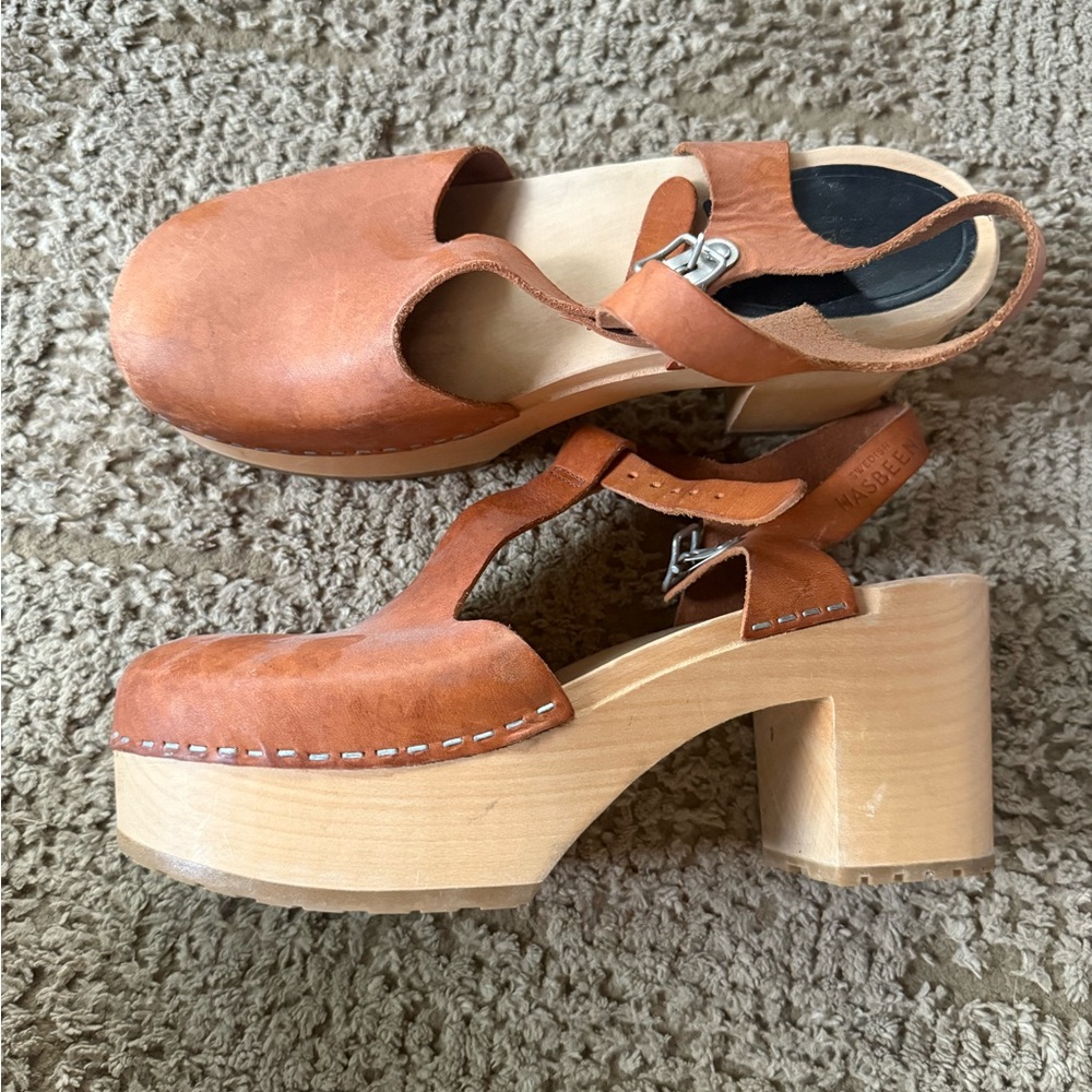Swedish Hasbeens Tan Leather Platform Clogs